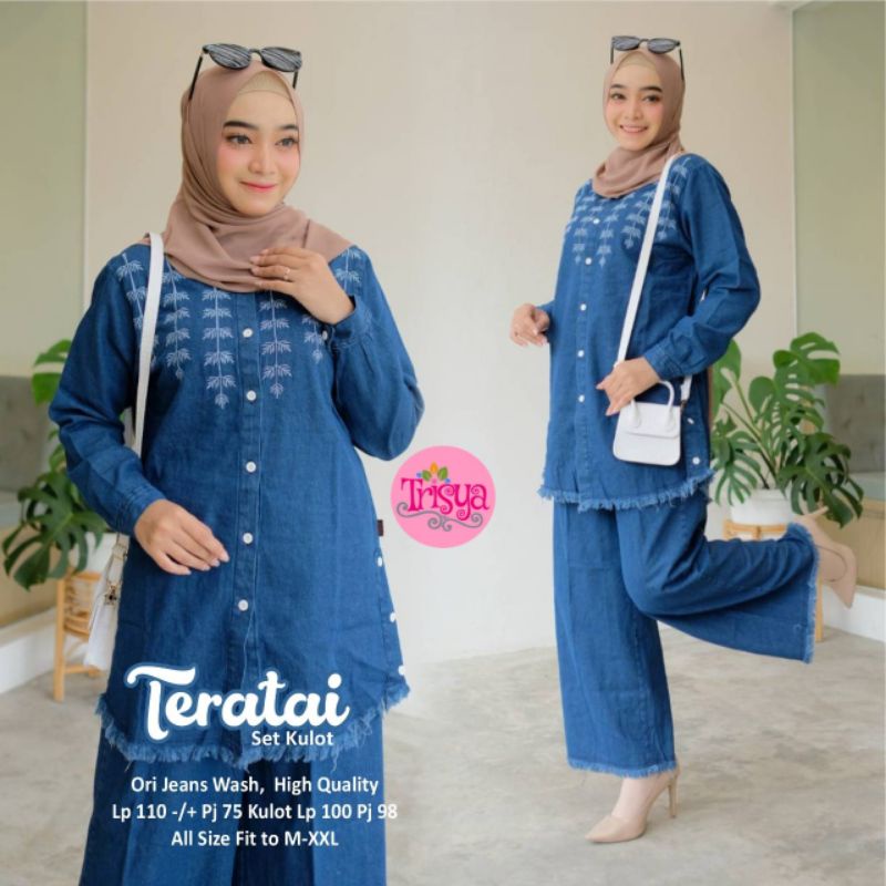 Teratai set kulot jeans by trisya / setelan kulot jeans / set wanita / set tunik jeans