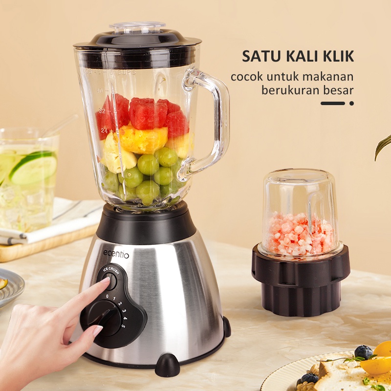 ecentio 1.5L Blender Kaca 2 in 1 Dan 300ml Penggiling Daging 6 Pisau Juicer Elektrik cangkir ganda serbaguna Blander