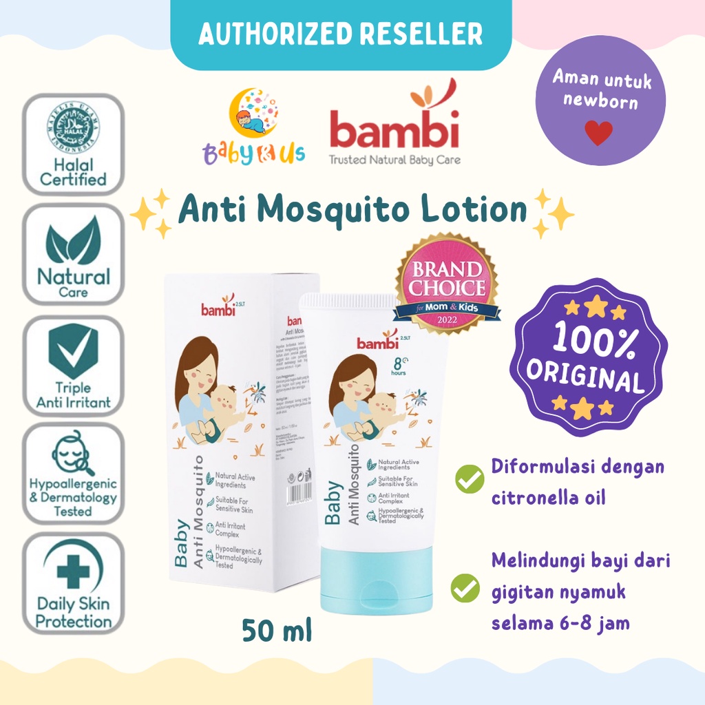 Bambi Baby Anti Mosquito Lotion with Citronella Oil &amp; Anti Irritant Complex 50ml | Lotion Anti Nyamuk Bayi Kulit Normal - Sensitif