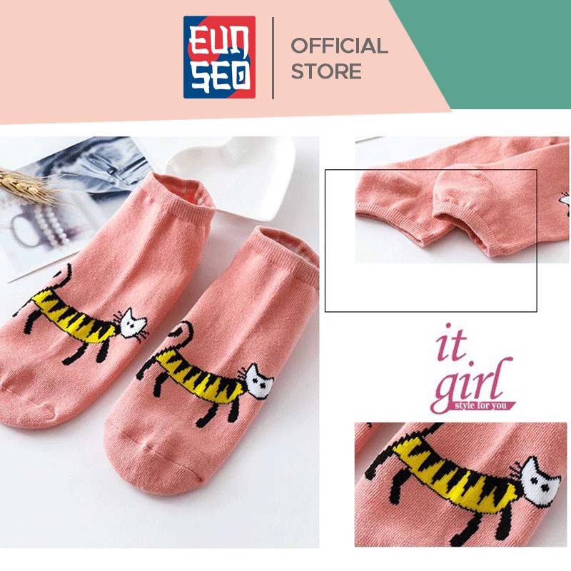 EUNSEO Kaos Kaki Wanita Pendek Motif Funny Cat Lucu Fashion Korea KaosKaki Wanita Pendek Premium