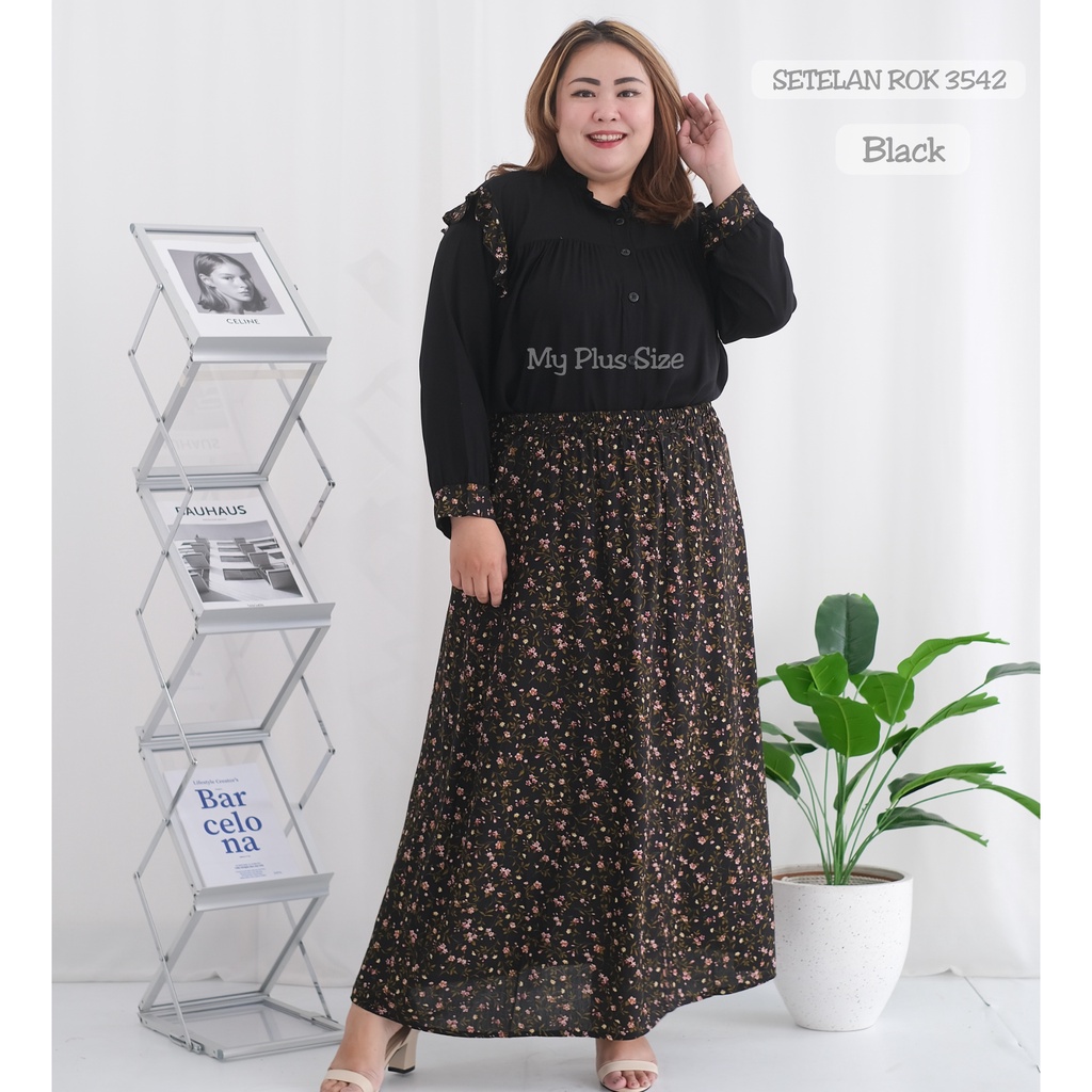 Setelan Rok Bunga Super Jumbo 3542, Ld 130 &amp; 145 cm