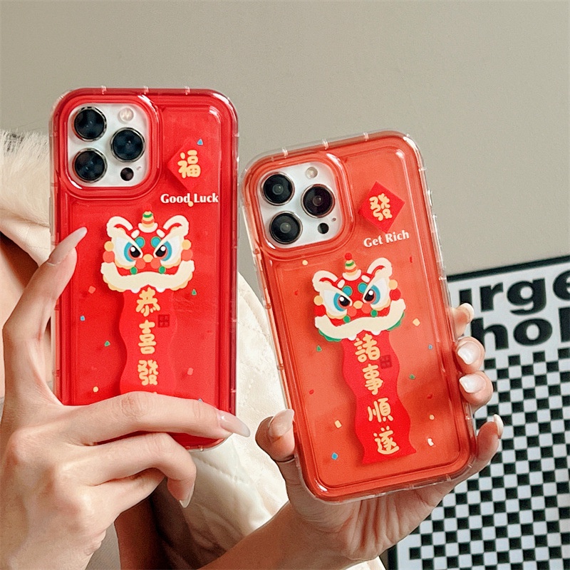 IPHONE 2023tahun Baru Cina Menari Singa Merah Casing Ponsel Cover Untuk Iphone7 8 PLUS X XR XS 11 12 13 14 PRO MAX SE 2020 TPU Pelindung