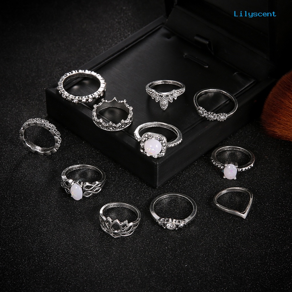 [LS]11Pcs Set Perhiasan Wanita Faux Opal Berlian Imitasi Knuckle Susun Bersama Rings Band