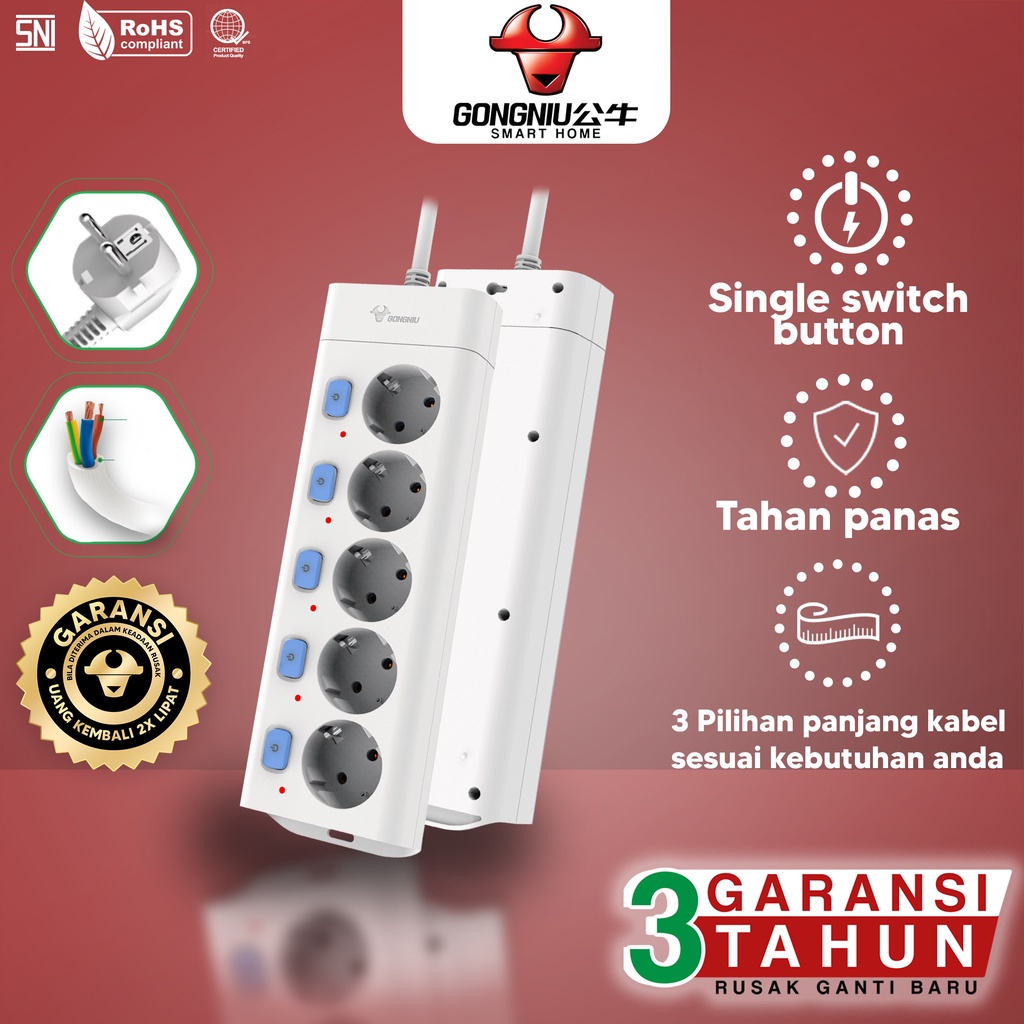 GONGNIU Stop Kontak Kulkas TV Komputer Gaming Dispenser Kipas Angin + Kabel 5 Lubang Saklar Panjang 1,5M - 5M + Kabel dengan 5 Switch /Stop Kontak / Colokan Kabel / Colokan Listrik