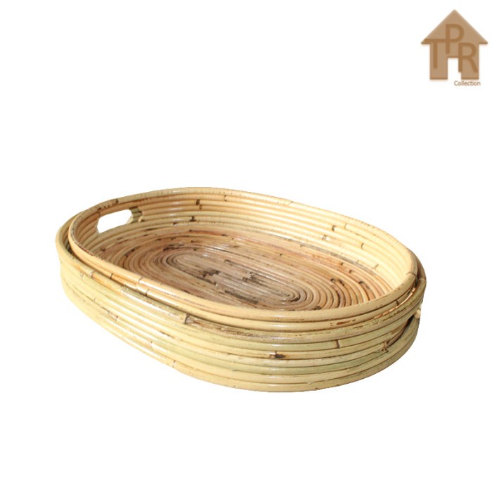 Rotan - Set Nampan Baki Tray Oval Natural Gloss Rotan Utuh 2 PCS.