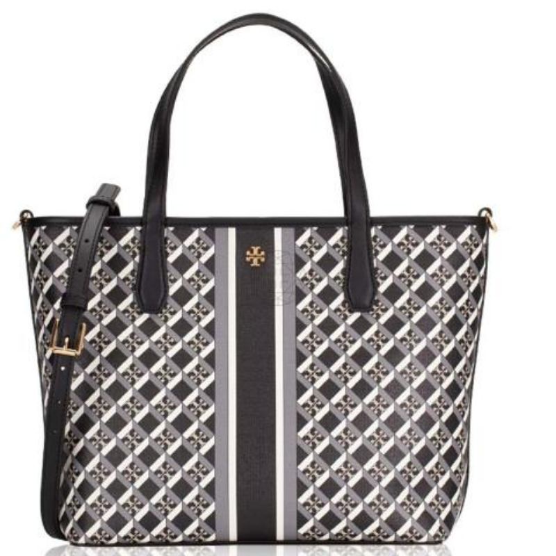 TB Geo Logo Mini Zip Tote Black Stripe