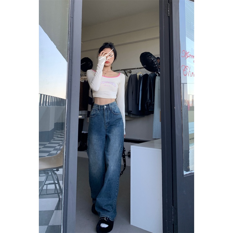 ✶◙Suhao Retro Jeans Wanita Desain Abu-abu Asap Kasual Mengepel Celana Musim Gugur Pinggang Tinggi Lurus Ramping Lebar Kaki Celana