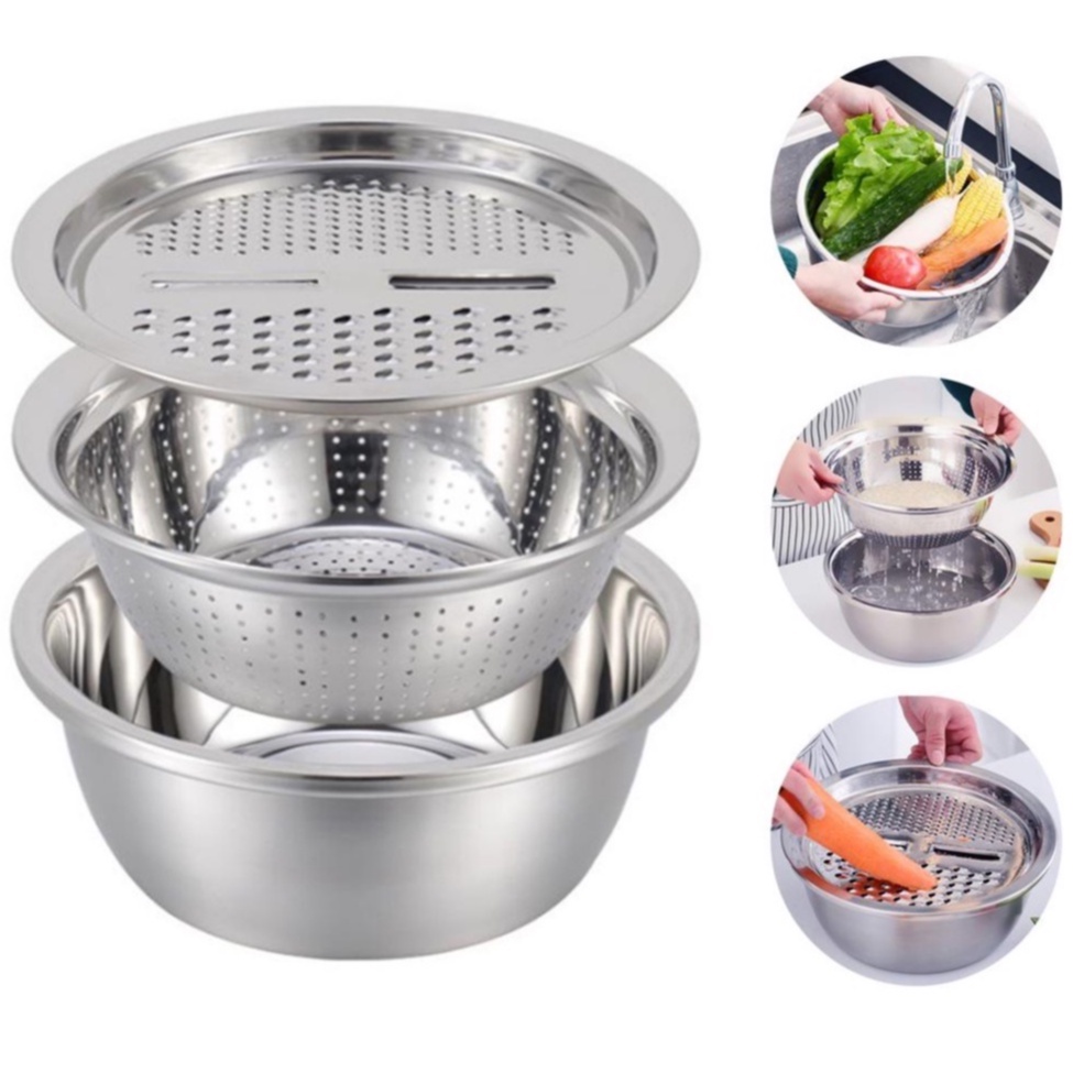 Baskom  Stainless 3 in 1 Parutan Baskom Saringan Cuci Sayur Stainless (3pcs)