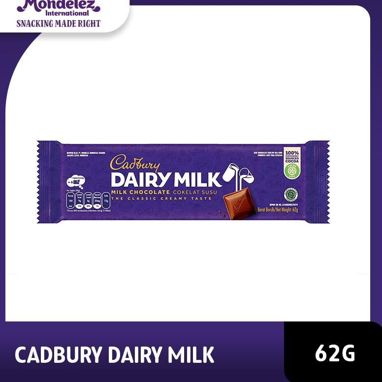 

TERLARIS Cadbury Dairy Milk Chocolate Original Regular 62g, coklat dengan susu untuk Camilan