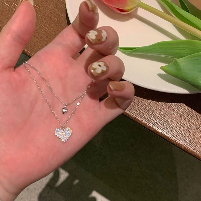 FerenHongXia Kalung Rantai Dengan Liontin Hati Ganda Berkilau Untuk Wanita