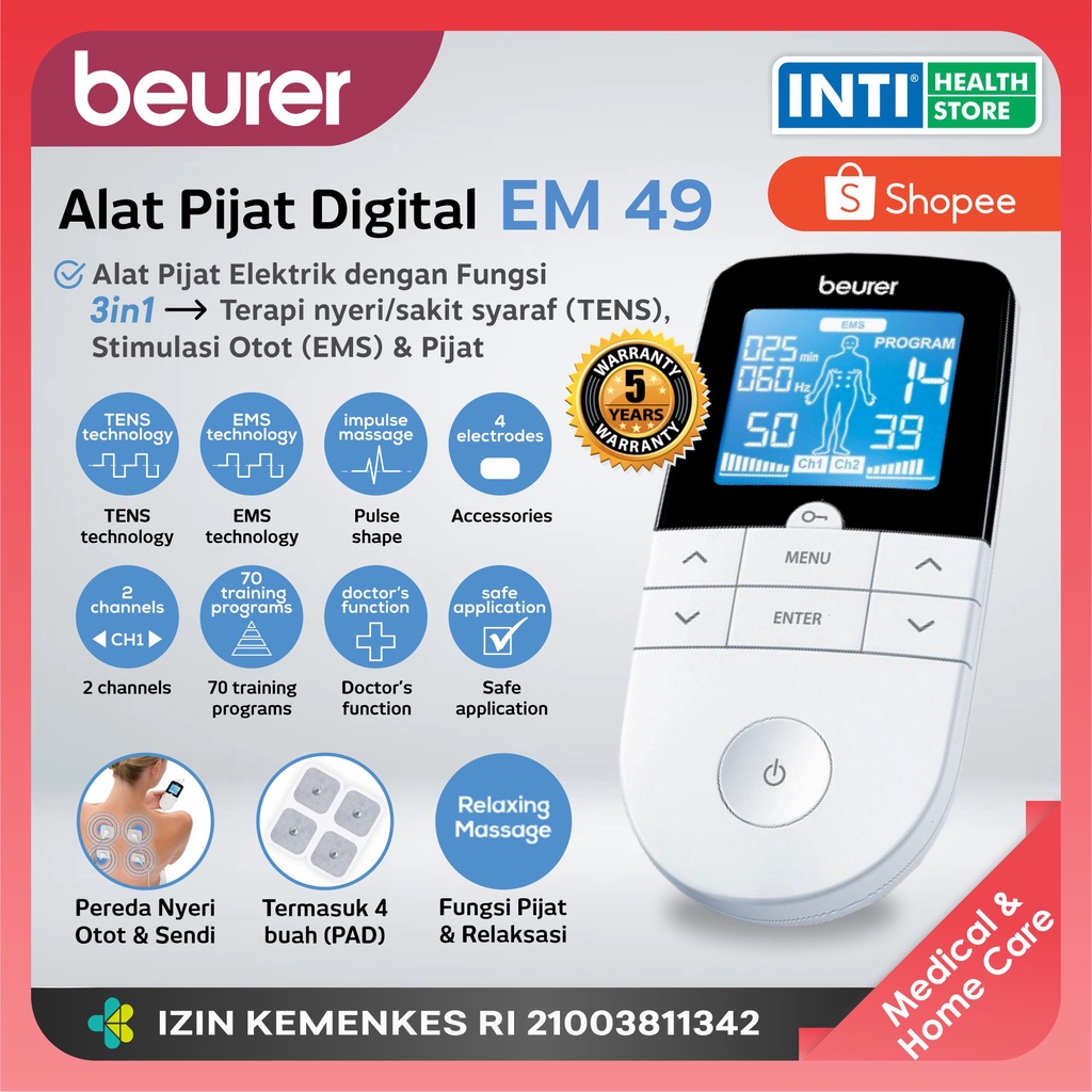 BEURER | 3in1 Digital TENS EMS MASSAGE EM49 | Terapi Otot Syaraf Pijat | Stimulator