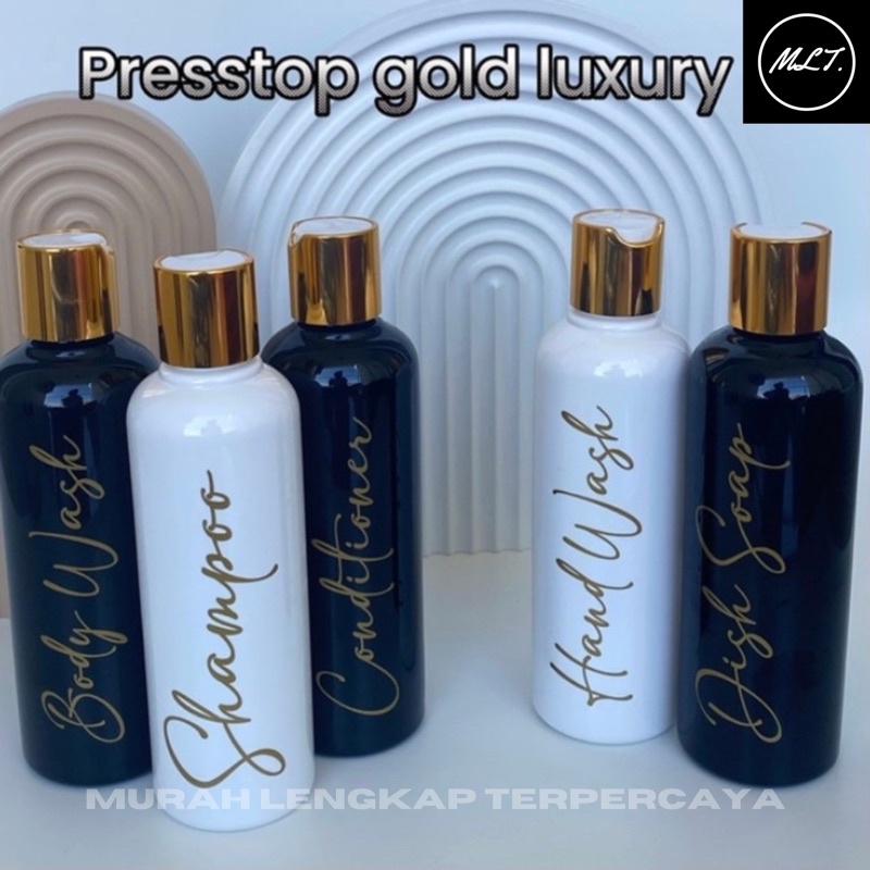 BOTOL REFILL 250ML HITAM PUTIH PRESSTOP GOLD REFIL AESTHETIC PET BR 250 ML DISCTOP PRESS ON WHITE BLACK ORGANIZER WADAH KOSMETIK LOTION PET PRESS ON PRESTOP LUXURY REFIL