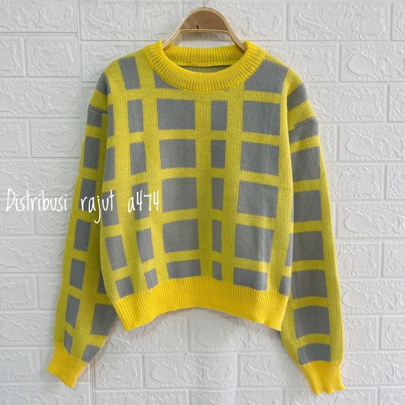 IMAS TOP KNIT IMPORT SWEATER RAJUT KOTAK KOTAK LENGAN PANJANG WANITA