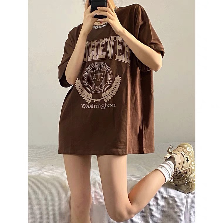 baju oversize wanita american retro lengan pendek letter graphic print T-shirt import kekinian kaos korea