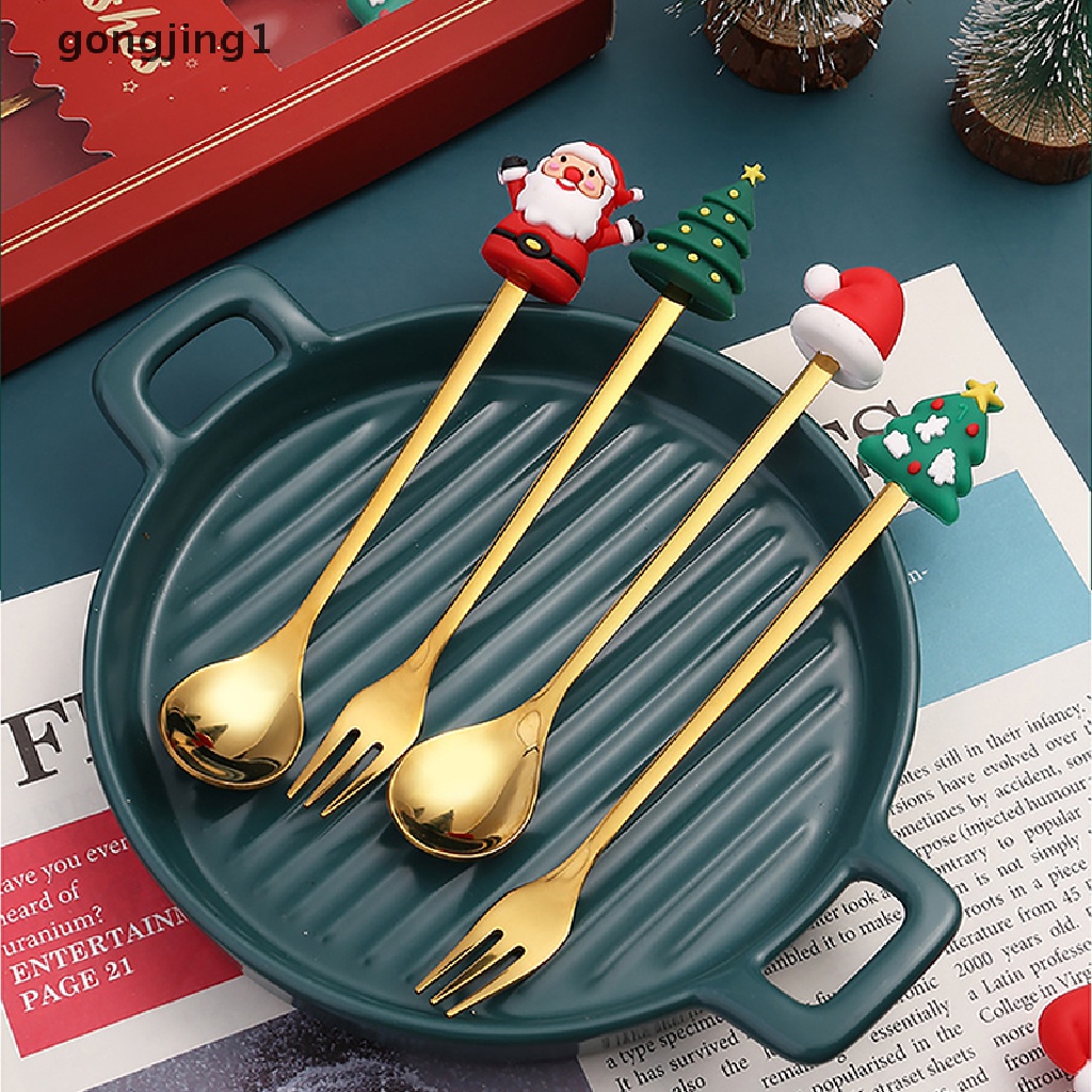 Ggg 4PCS/6PCS Christmas Gift Cutlery Sendok Garpu Set Elk Dekorasi Pohon Natal Dessert Spoon Fruit Fork Sendok Kopi Cutlery Gift ID
