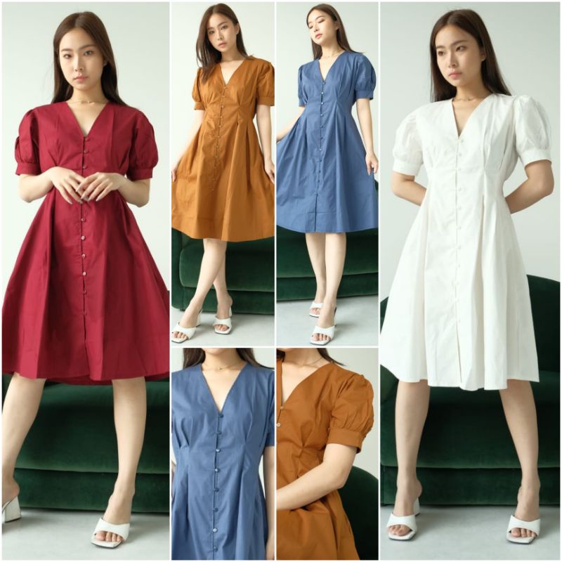 ♡ PREMIUM ♡ ORIGINAL ! MINELLA PLAIN V-NECK BUTTON FLARE MINI DRESS ( BUSUI FRIENDLY )