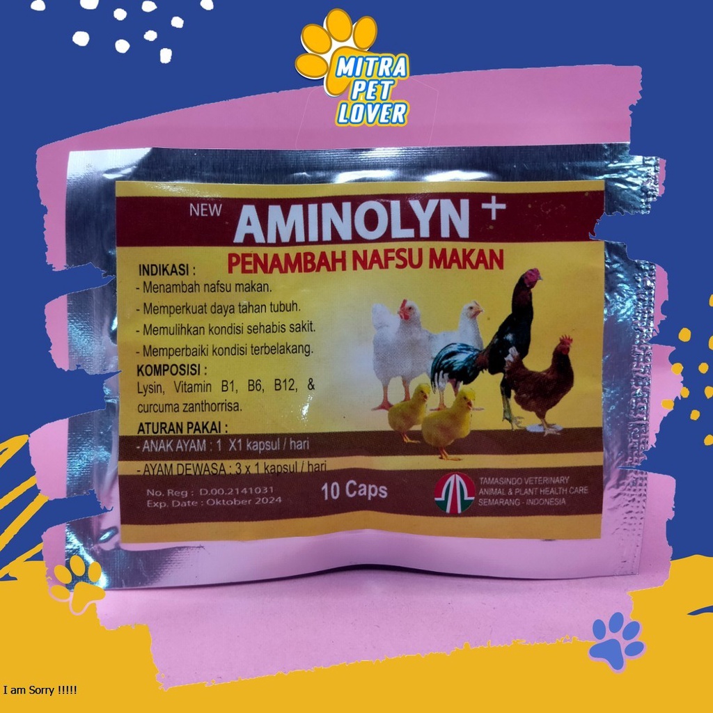 KAPSUL PENAMBAH NAFSU MAKAN AYAM - AMINOLYN PLUS 10 - DAYA TAHAN TUBUH UNTUK MEMULIHKAN KONDISI KETERBELAKANGAN UNGGAS KAPSUL SEHABIS SAKIT MURAH ASLI GARANSI KUALITAS ORIGINAL - PET ANIMAL TAMASINDO OBAT KESEHATAN &amp; VITAMIN TERNAK HEWAN  MITRAPETLOVER