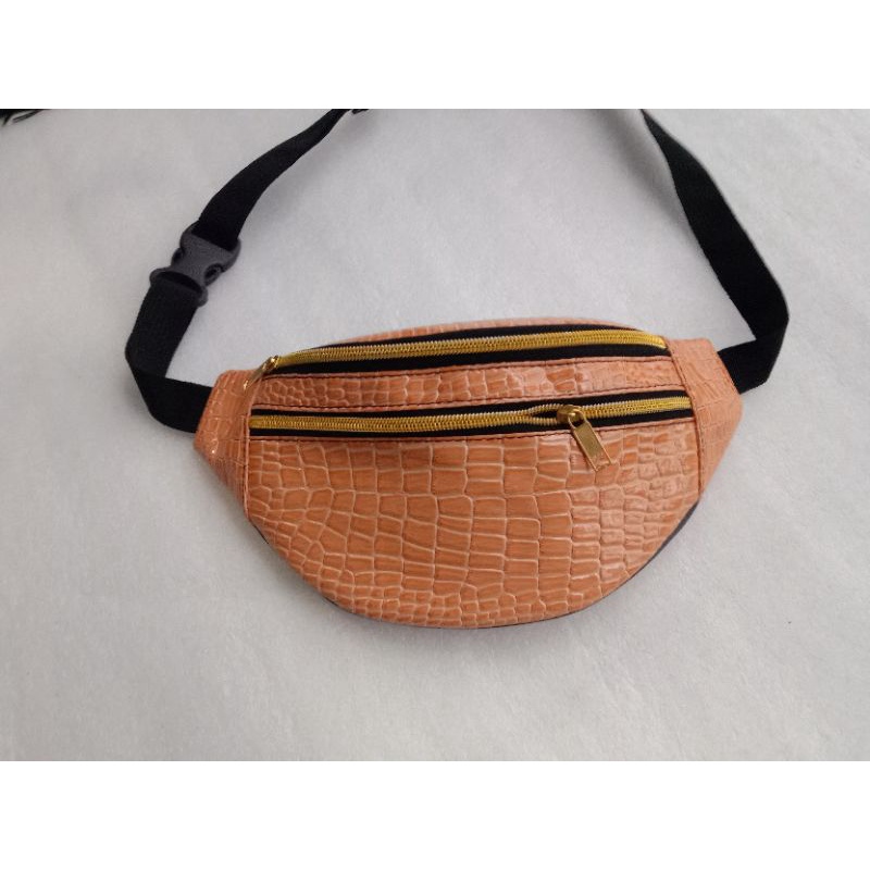 Waistbag crocodile Zipper Gold WBC G tas pinggang kulit buaya