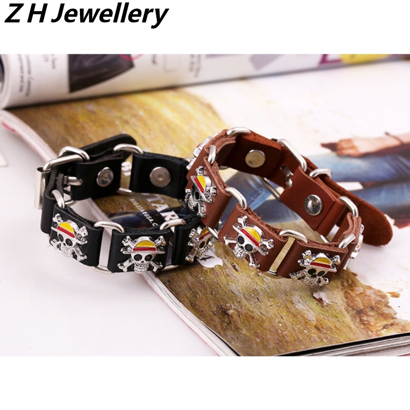 [Z H Perhiasan] Hip Hop Rock Retro Pria Fashion Stainless Steel Tengkorak Raja Bajak Laut Gelang Kulit Gothic Pesta Perhiasan Aksesoris 18 Cm~21 cm