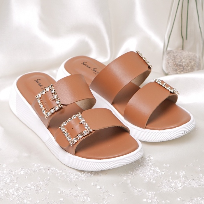 SARASARA YUK - Sandal Wanita Slop Casual Model Birken Sol Puyuh SARA SARA JOA ALL COLOR Sendal Cewek Kulit Santai Strap Gesper dua Empuk Size 36 37 38 39 40 Warna Brown Coklat Selop Anti Slip Premium Original Terbaru Shoes ORI Mall Official Store