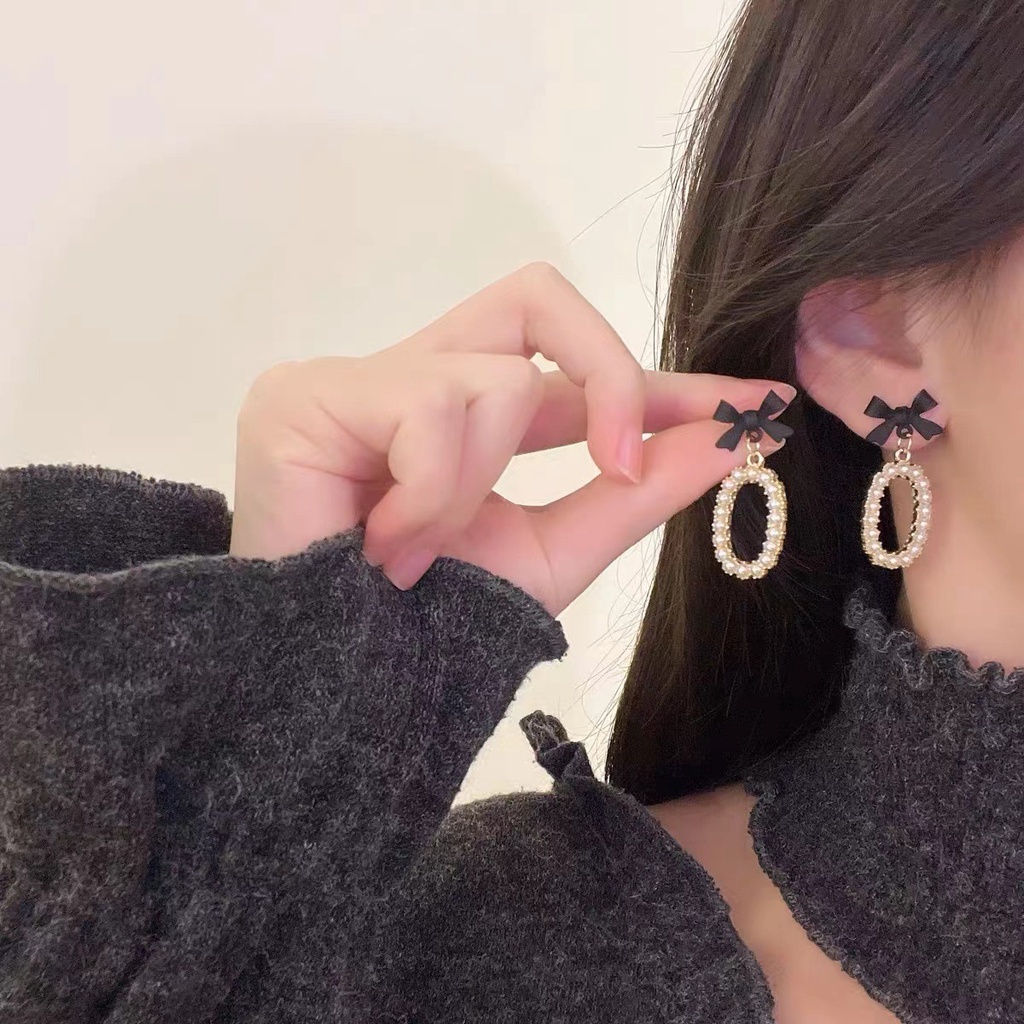 Anting Busur Hitam Anting Tusuk Mutiara Emas Drop Earring Untuk Aksesoris Perhiasan Wanita