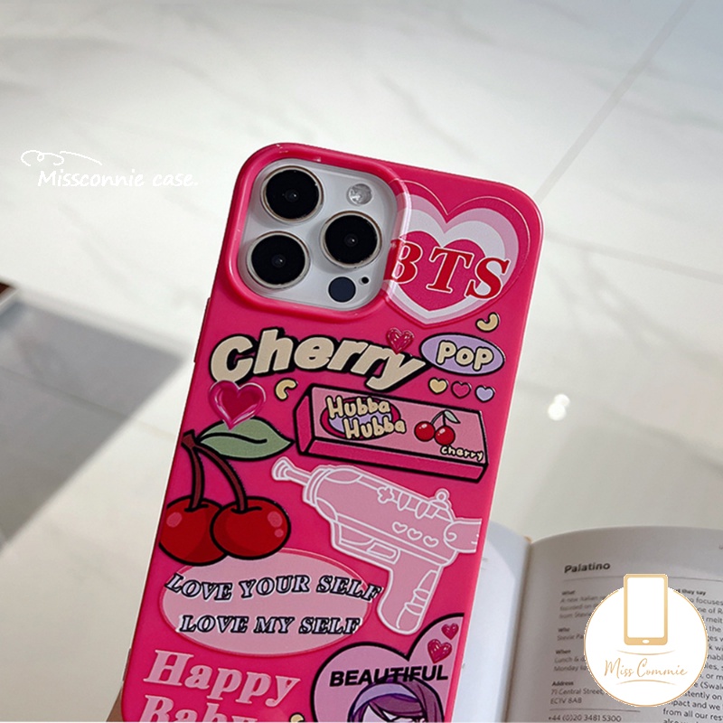IPHONE Case Cocok Untuk Iphone7 8 Plus 11 13 12 14 Pro Max XR X XS Max SE 2020 Candy Glossy Shockproof Protection Camera Rose Red Label Kartun Cherry Lembut TPU Silicon Back Cover