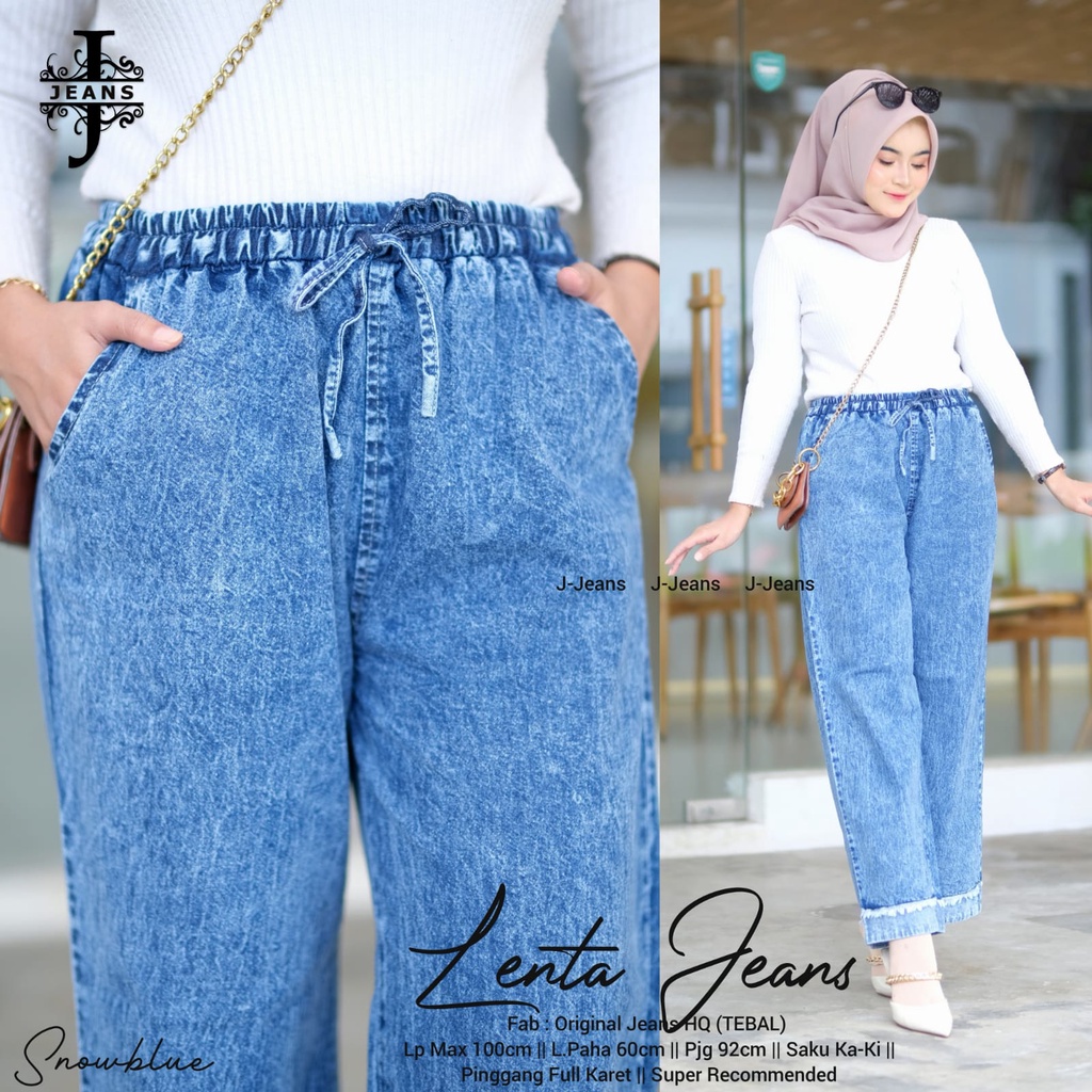 Lenta Celana Panjang Wanita Jeans Tebal LP 80 90 100 Pinggang Karet Motif Polos Terbaru Kekinian Ori