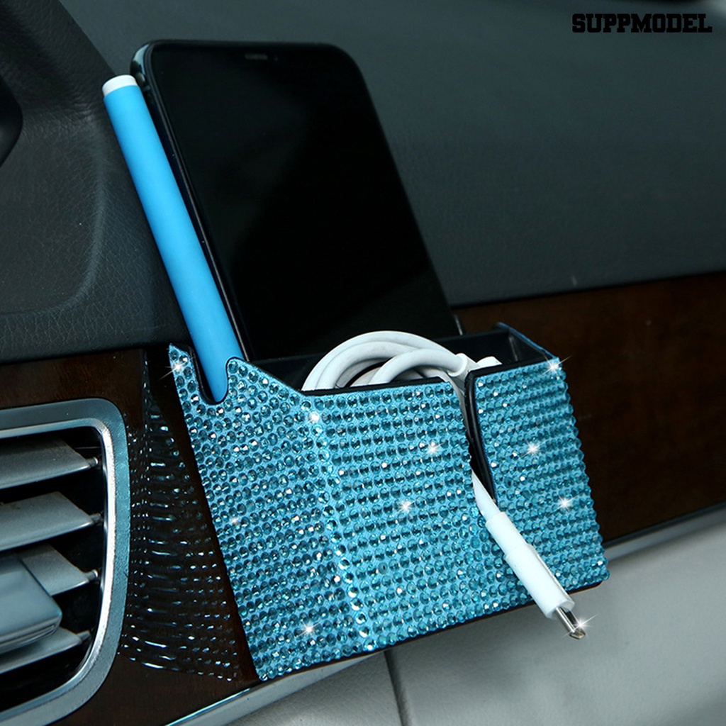 [Dekorasi] Kotak Penyimpanan Mobil 2-kompartemen Tahan Air Anti Jatuh Anti Gores Tempel Jenis Berlian Imitasi Bertatahkan Casing Ponsel Mobil Untuk Kendaraan