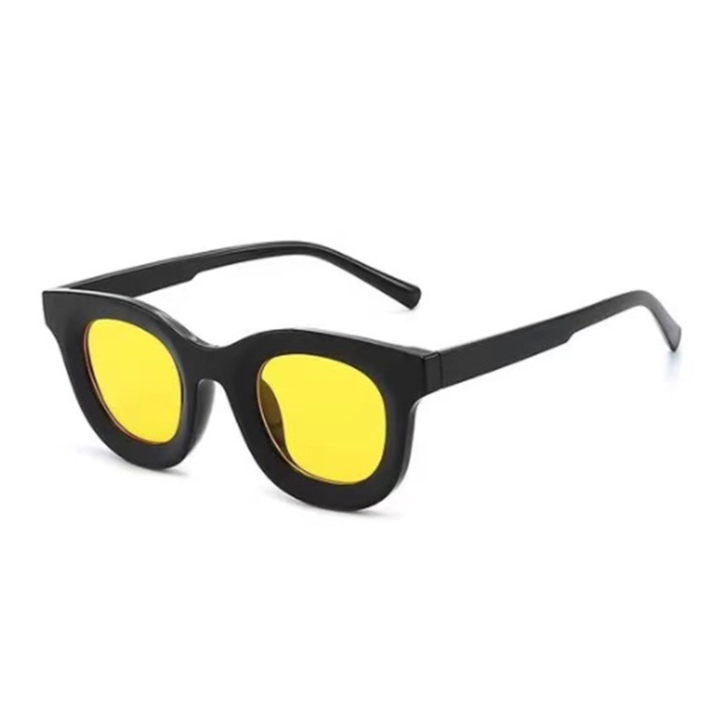 Kacamata Boldie Frame Tebal Skinny Hitam Persegi Panjang Uv400 Gaya Vintage Retro Untuk Wanita Dan Pria-Kuning Bulat