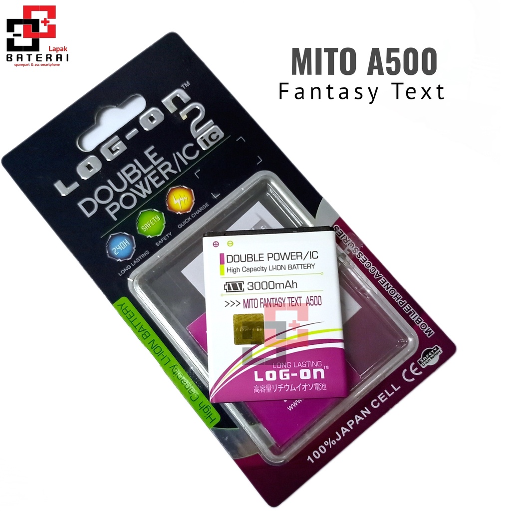 LOG - ON Baterai Mito A500 Fantasy TEXT Double IC Protection Battery Batre
