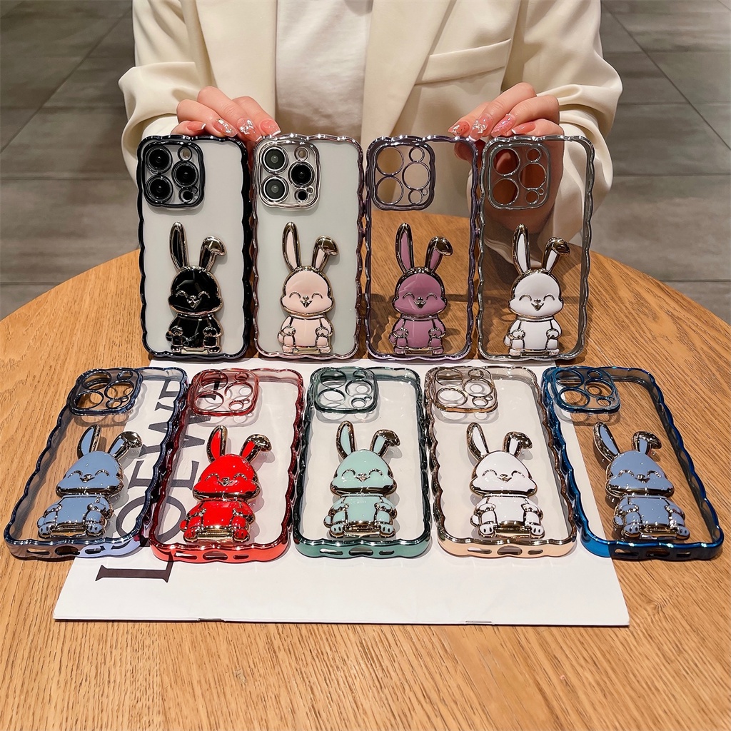 Cute 3D Kelinci Berdiri Untuk iPhone 14 Pro Max Case iPhone 12 13 11promax 14plus Premium Mewah Sepenuhnya Tertutup Perlindungan Shockproof Transparan TPU Soft Back Cover