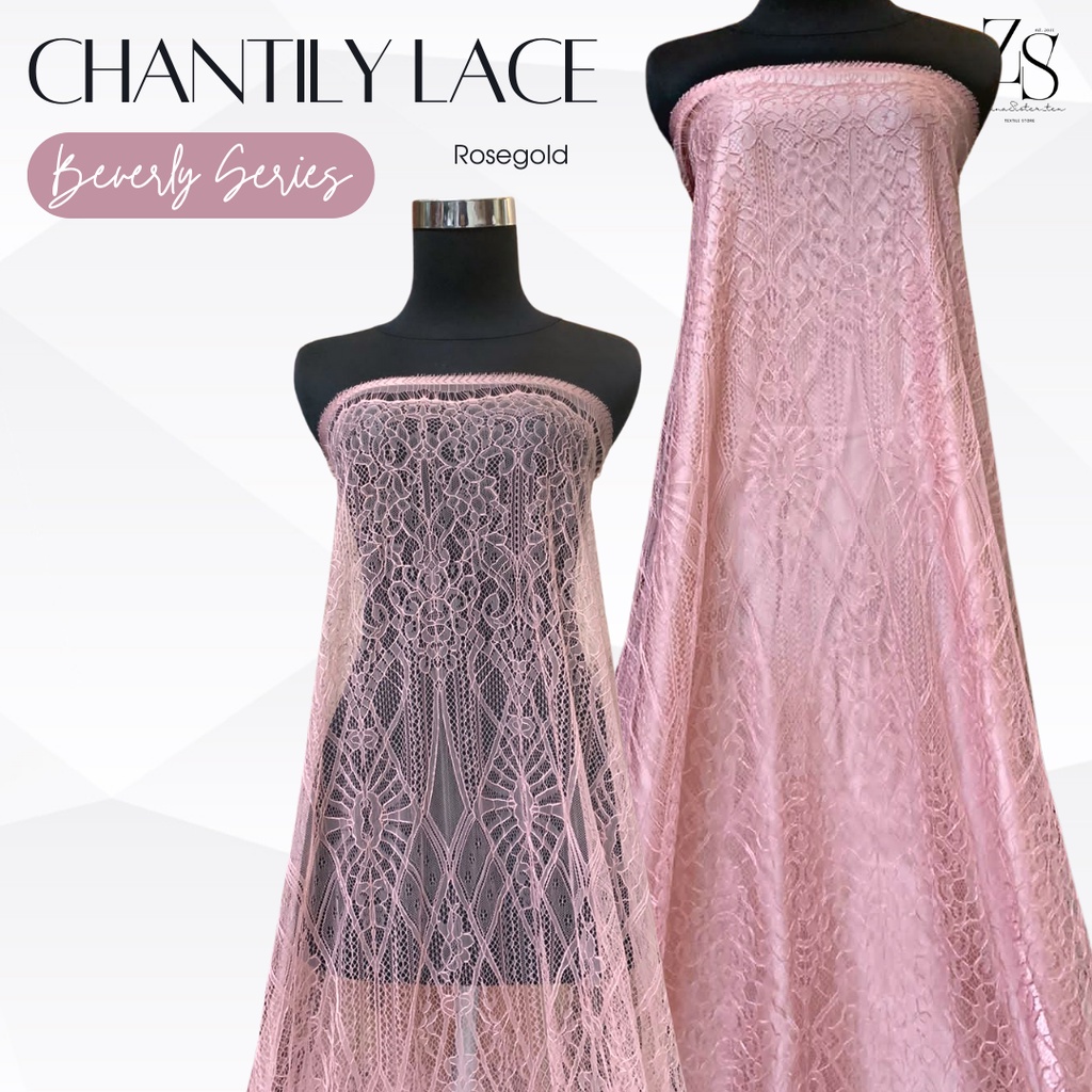 Bahan Kain Kebaya Brokat Brukat Panel Chantily Santily Lace Semi France Semi Prancis Warna Rosegold