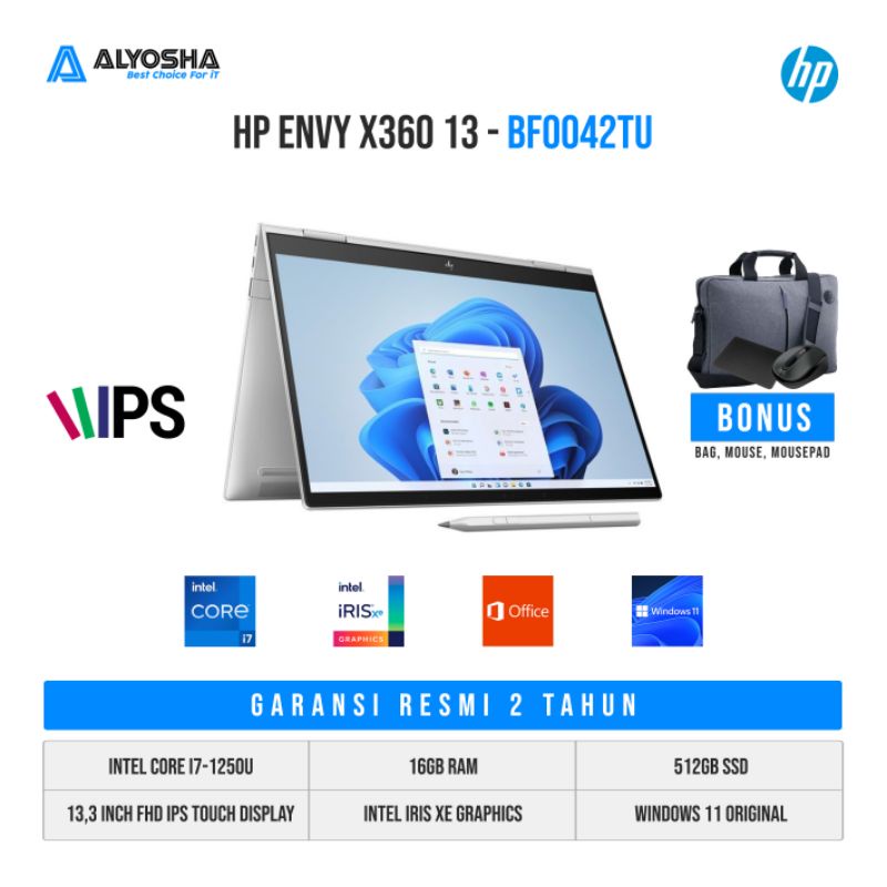 Hp Envy x360 13-bf0042TU/bf0043TU  Intel Core i7-1250U Evo 16gb 512gb  fhd ips win11 ohs 2021
