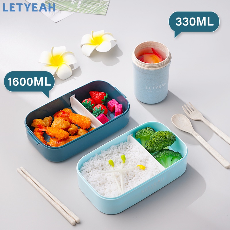 letyeah kotak makan anti tumpah/ lunch box 1600ml dan cangkir sup tahan panas /lunch box set/tempat bekal makan