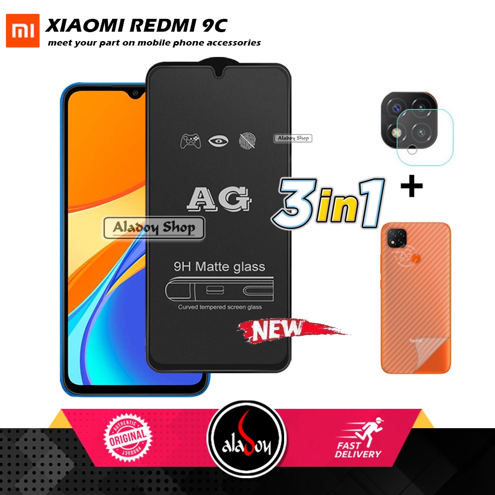 Paket 3IN1 Tempered Glass Layar Matte Anti Glare XIAOMI REDMI 9C Free Tempered Glass Camera dan Skin Carbon