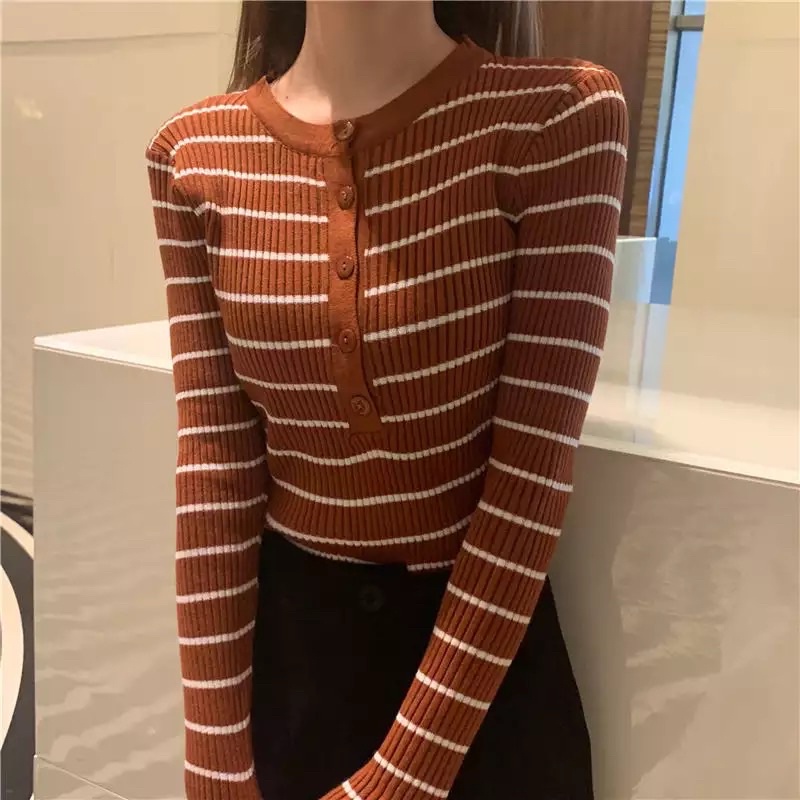 Atasan wanita Baju Rajut Oneck stripe lengan panjang