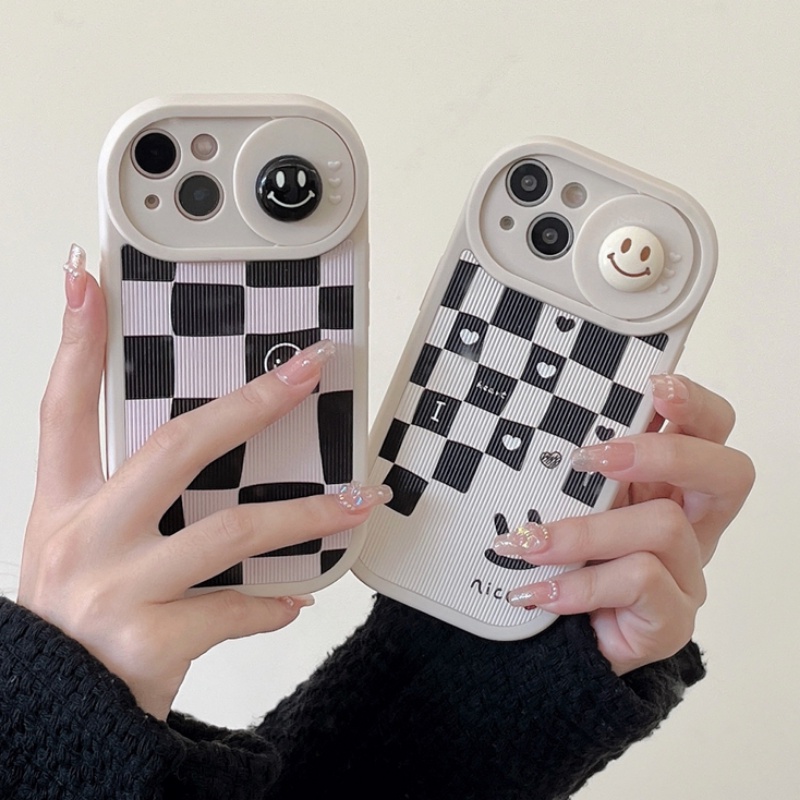 IPHONE Jendela Sliding Hitam Putih Wajah Tersenyum Casing Handphone Untuk Iphone14 13 12 11 Pro Max 14Plus All Inclusive Lensa Kartun Casing Pelindung