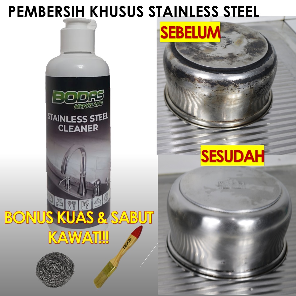 BODAS Pembersih Stainless Steel Cleaner Kran Air Shower Wastafel Alat Dapur ( Bonus Kuas dan Sabut Kawat)