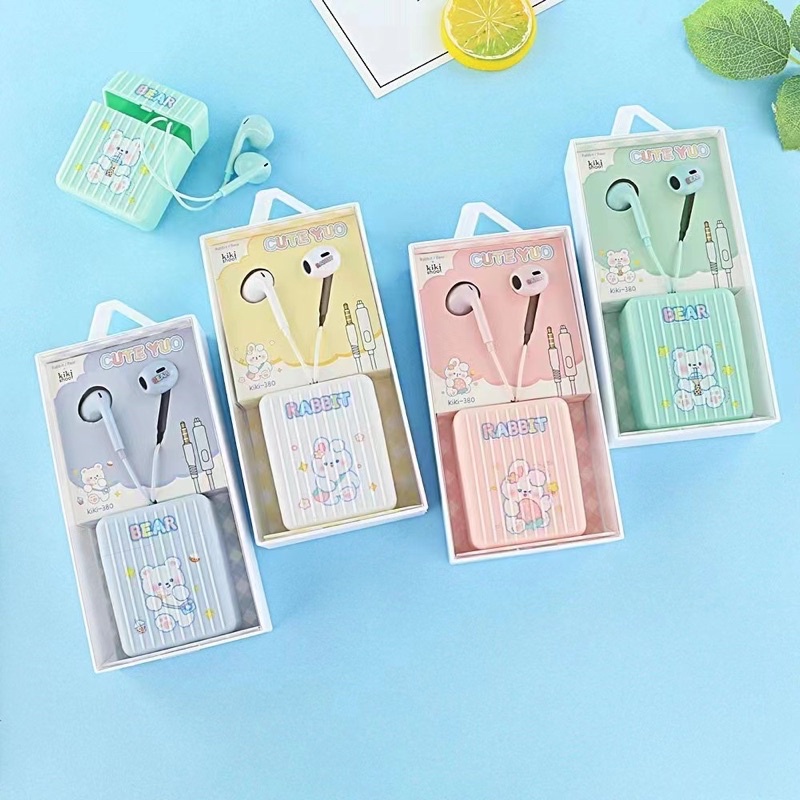 [ KI 380 ] Set Headset Earphone motif RABBIT BEAR sweet + Wadah penyimpanan Earphone