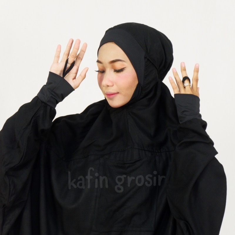 Mukena Terusan Hitam Putih Malaysia Manset Rayon Mukenah Hadramaut Jumbo Dewasa