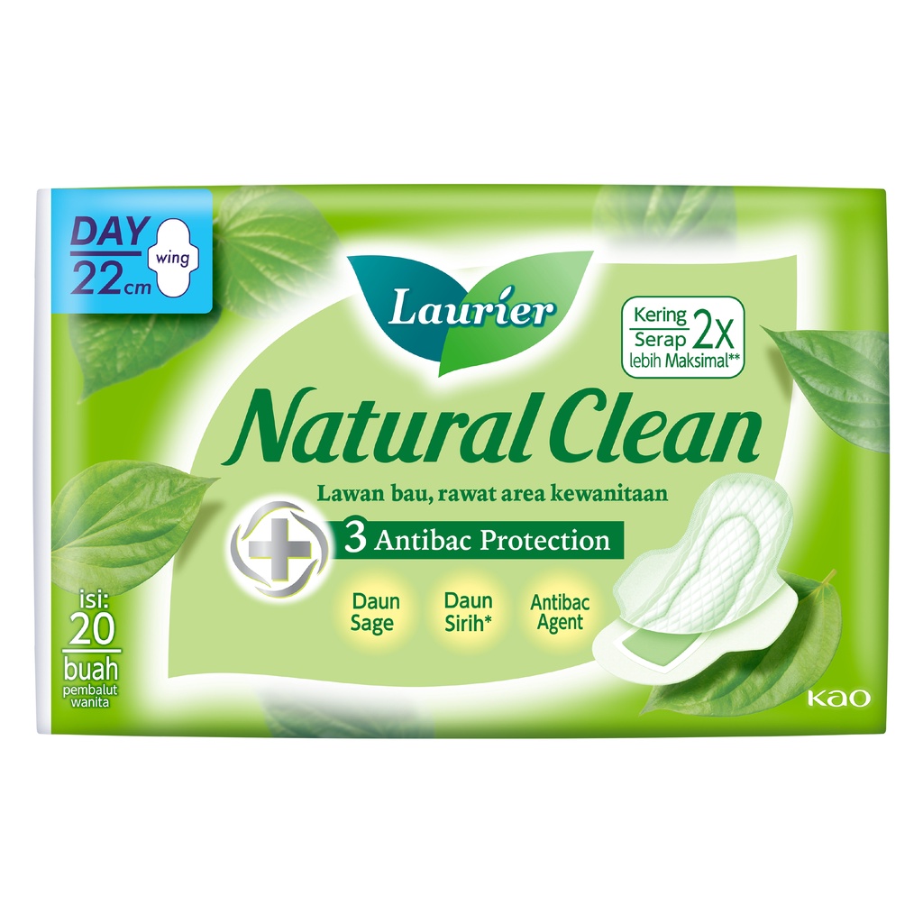 Laurier Natural Clean Pembalut Wanita Daun Sirih Day Wing 22cm 20 Buah