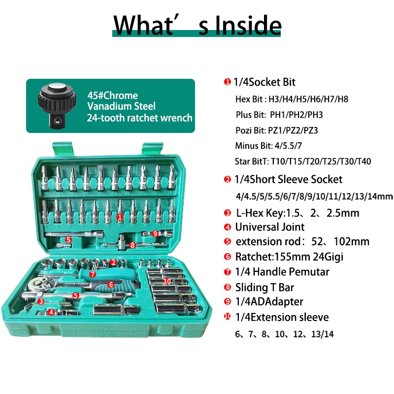 ISKU Kunci Shock Set 53pcs 24gigi/Full Lengkap Socket Toolkit 53pcs kunci Mata Sok
