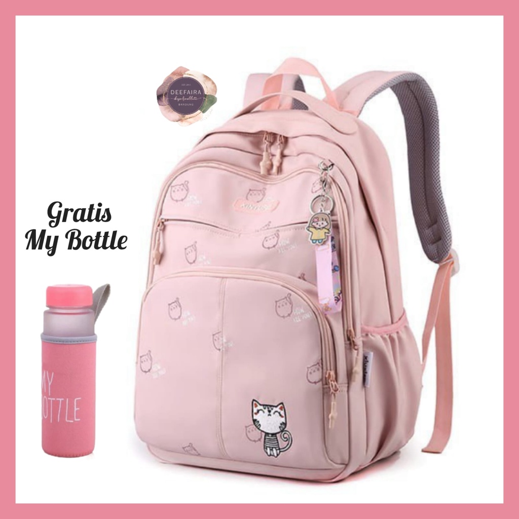 Tas Ransel Sekolah Anak Perempuan Sd Smp Sma Motif C4t jAp4n Gratis Botol Minum