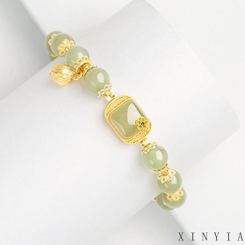 【Bayar di tempat】Gelang Tangan Manik-Manik Batu Jade Hetian Natural Bentuk Persegi Gaya Retro Untuk Wanita ACKER