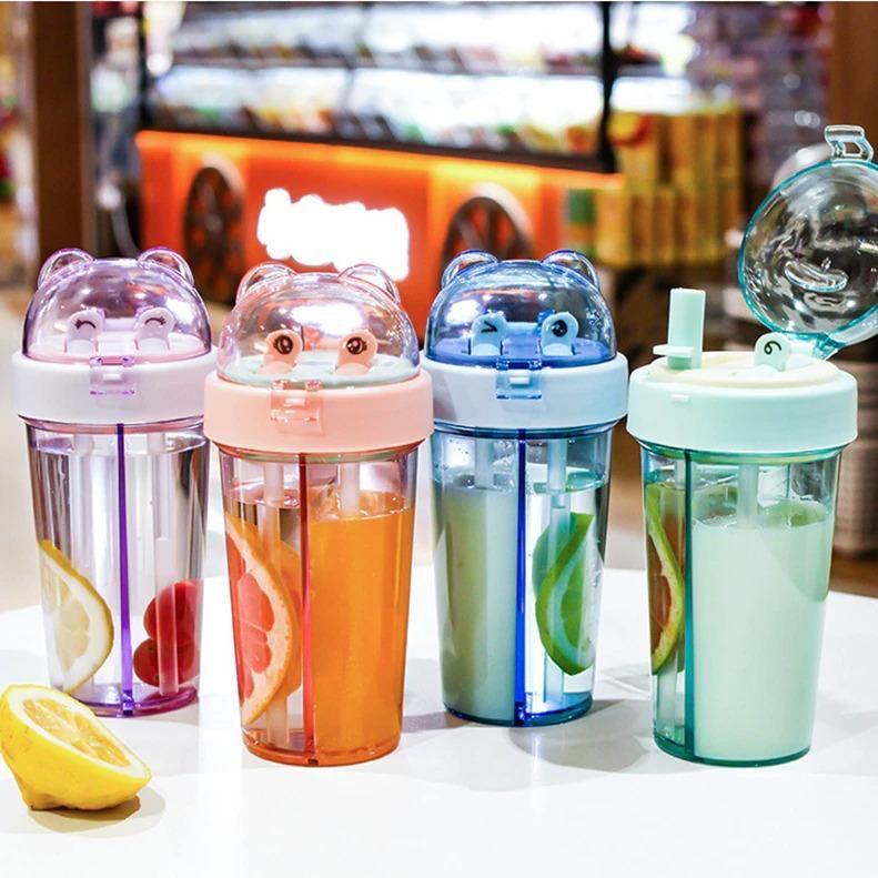 [I(85 ❤) BOTOL MINUM DUA SISI / BOTOL 2 TEMPAT KEPALA BERUANG 420 ML ADA SEDOTAN DAN TALI FREE STICK