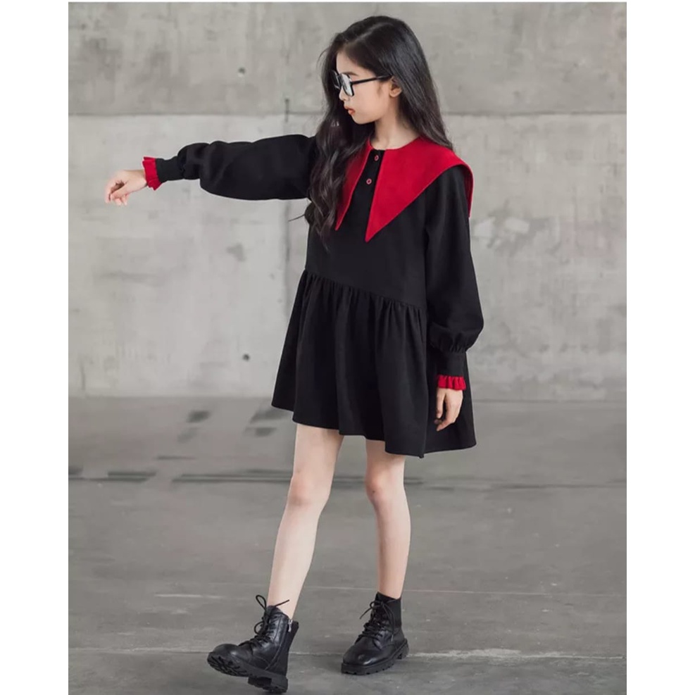 QFS - KIDS DRESS / AVRIL / MERAH / HITAM / DRESS ANAK / TERBARU / KOREA / TERPOPULER / COD