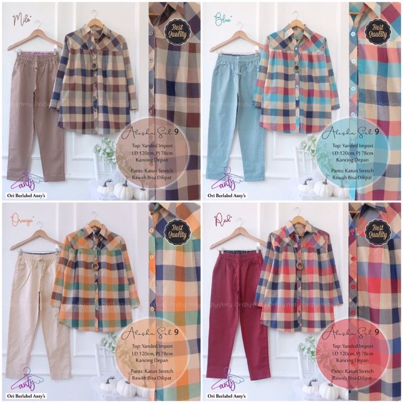 ALESHA SET 9 BY ANTY'S SETELAN WANITA MOTIF KOTAK KOTAK TUNIK SET BUSUI BAHAN KATUN BEST SELLER
