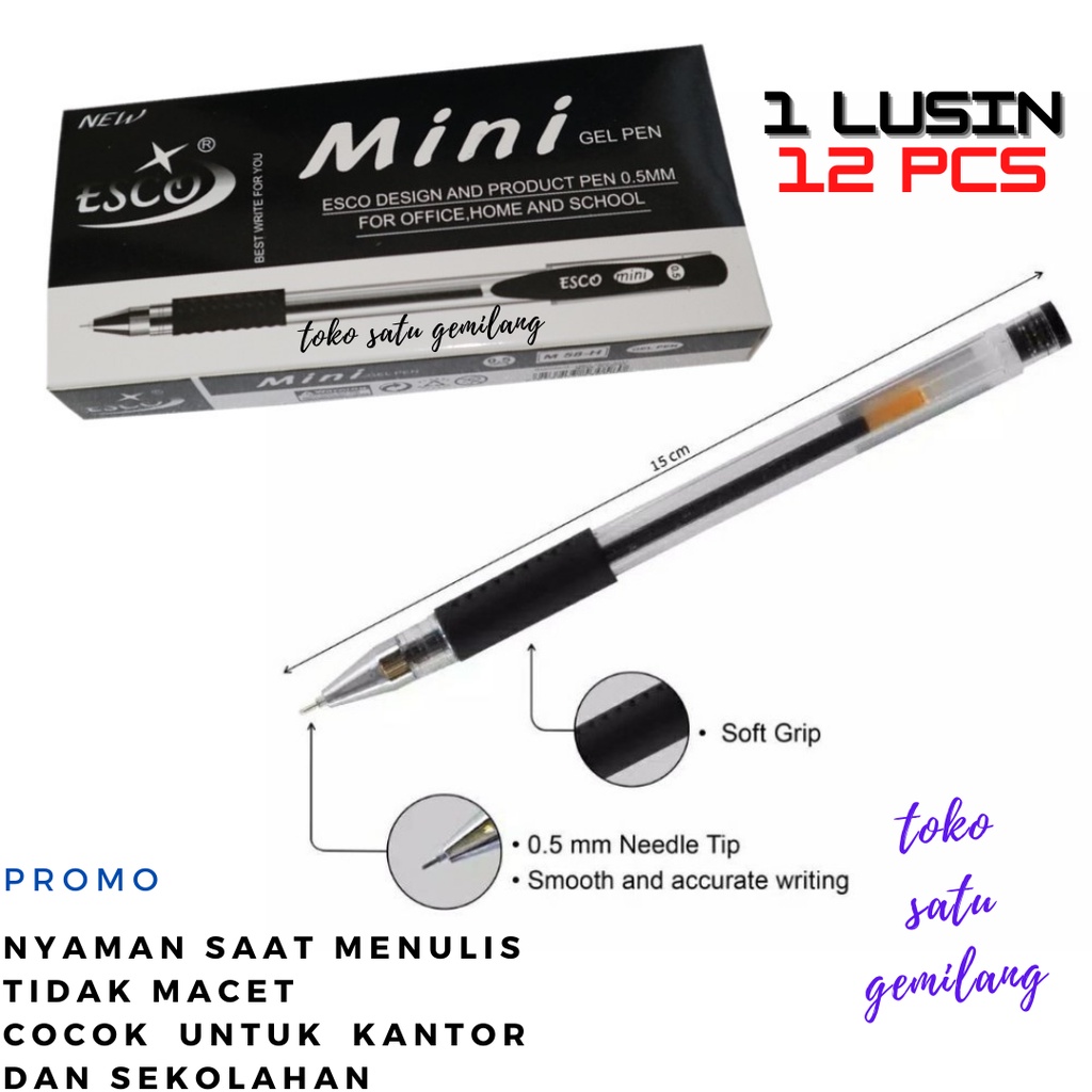 

(1Lusin) Pulpen Gel Esco Mini Warna Hitam 0.5mm Gel Mata Jarum - Pulpen Bolpen Pena Perlengkapan Alat Tulis - Toko Gemilang