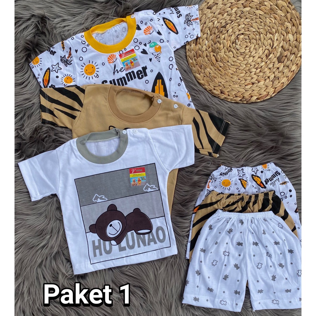 PAKETAN HEMAT (3) (random) stelan baju bayi lucu murah PENDEK 3-18 BULAN 3 pcs