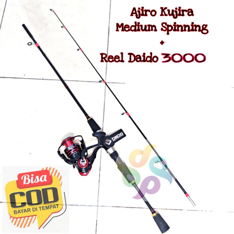 Satu set joran pancing murah spinning medium fiber solid padat Ajiro kujira reel daido 3000 180 cm